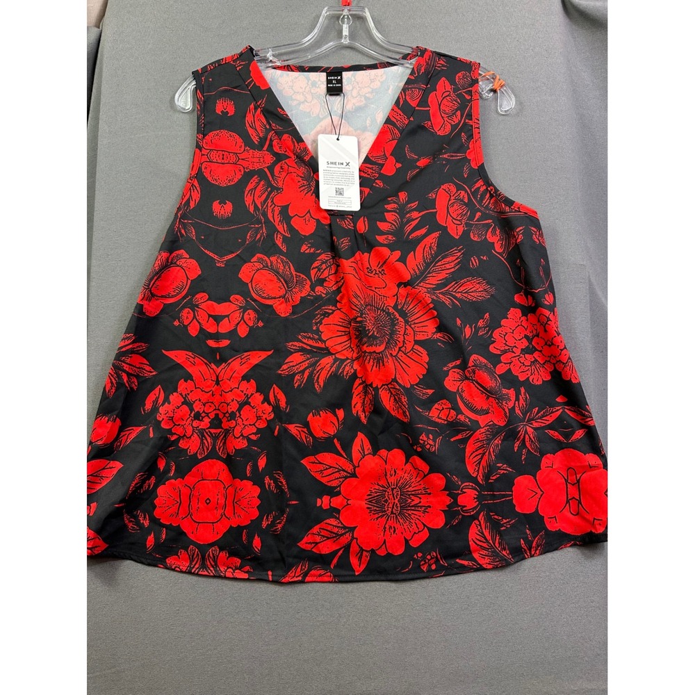 SHEIN X Womens XL Red Black Floral V-Neck Sleeveless Blouse Top NWT